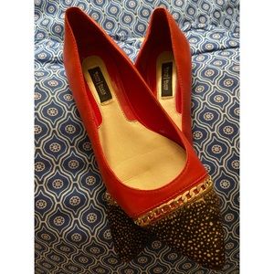 WHBM Sz 8 Red/Brown Flats Animal Print Faux Fur